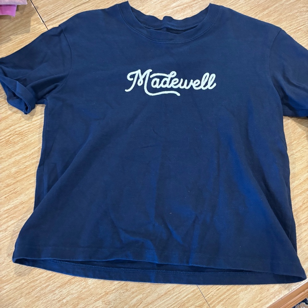Madewell Embroidered Navy Blue Boxy Cropped Tee Shirt